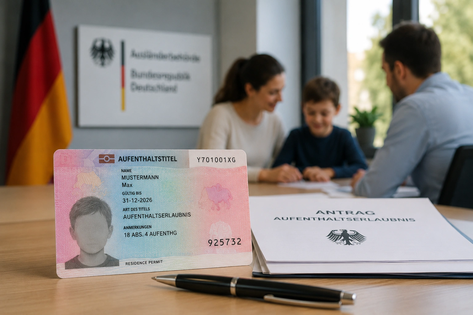 Eltern halten ihr in Deutschland geborenes Baby, daneben liegen symbolisch eine Aufenthaltserlaubnis und deutsche Rechtsunterlagen.