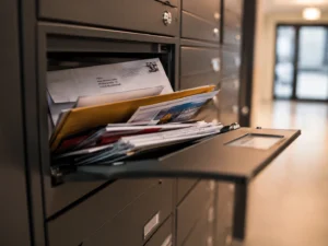 Überfüllter Briefkasten in einem modernen deutschen Mehrfamilienhaus mit mehreren herausragenden Briefen, darunter Post an einen ehemaligen Mieter.