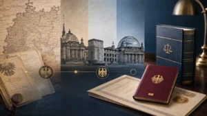 Historical German maps, constitutional documents and archival records transition into a modern legal scene with a red German passport, a law book and a timeline.