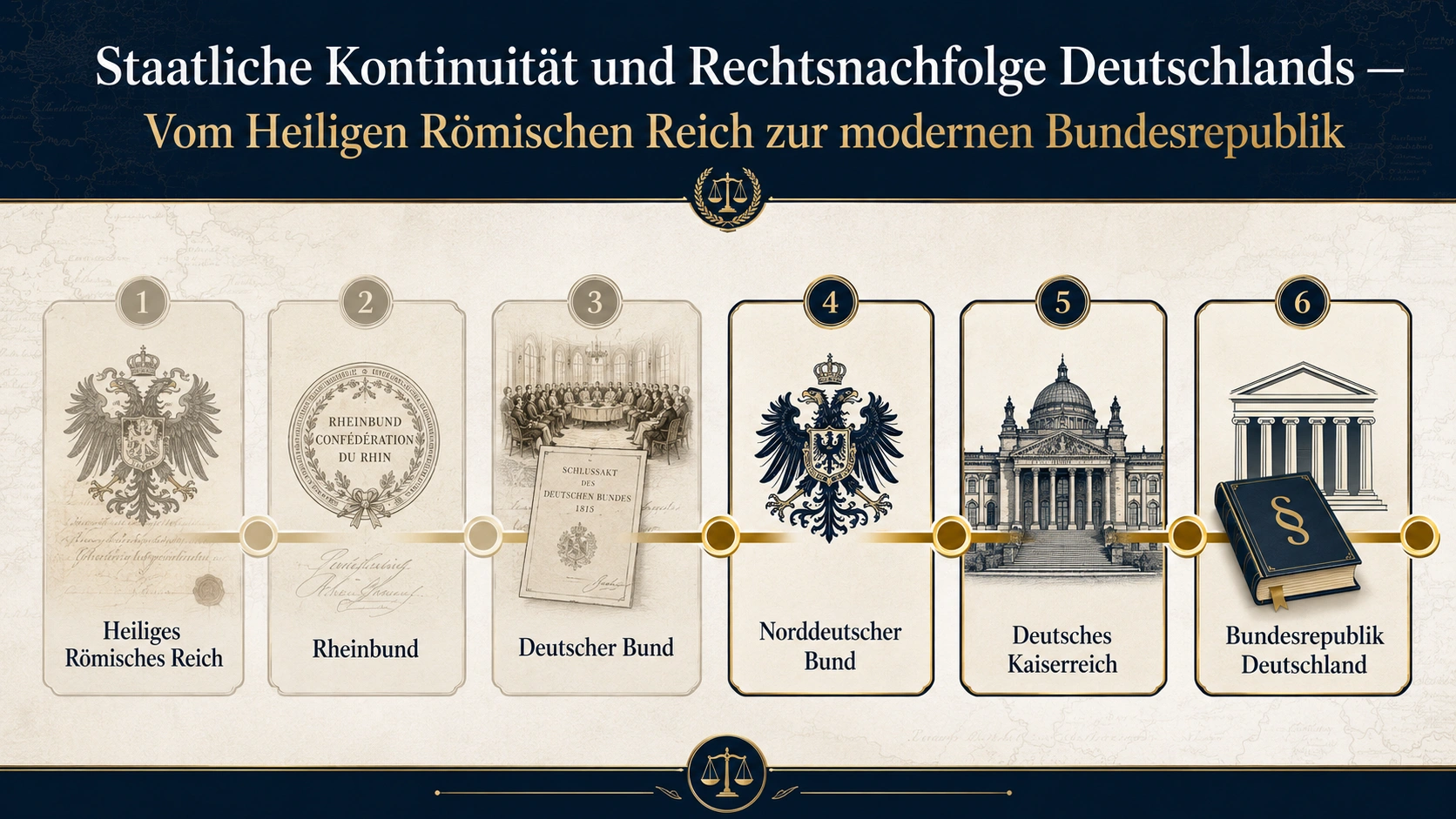 Horizontale Infografik zur staatlichen Kontinuität Deutschlands vom Heiligen Römischen Reich über Rheinbund, Deutschen Bund, Norddeutschen Bund und Deutsches Kaiserreich bis zur Bundesrepublik Deutschland, dargestellt als juristischer Zeitstrahl in Dunkelblau, Beige und Gold.