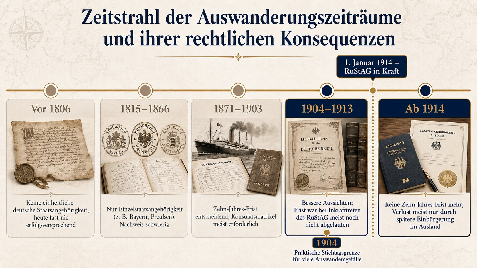 Juristische Infografik mit horizontalem Zeitstrahl zu Auswanderungszeiträumen und ihren Folgen für die deutsche Staatsangehörigkeit durch Abstammung: Vor 1806, 1815–1866, 1871–1903, 1904–1913 und ab 1914, mit Hinweis auf die Zehn-Jahres-Frist und den Stichtag 1. Januar 1914.