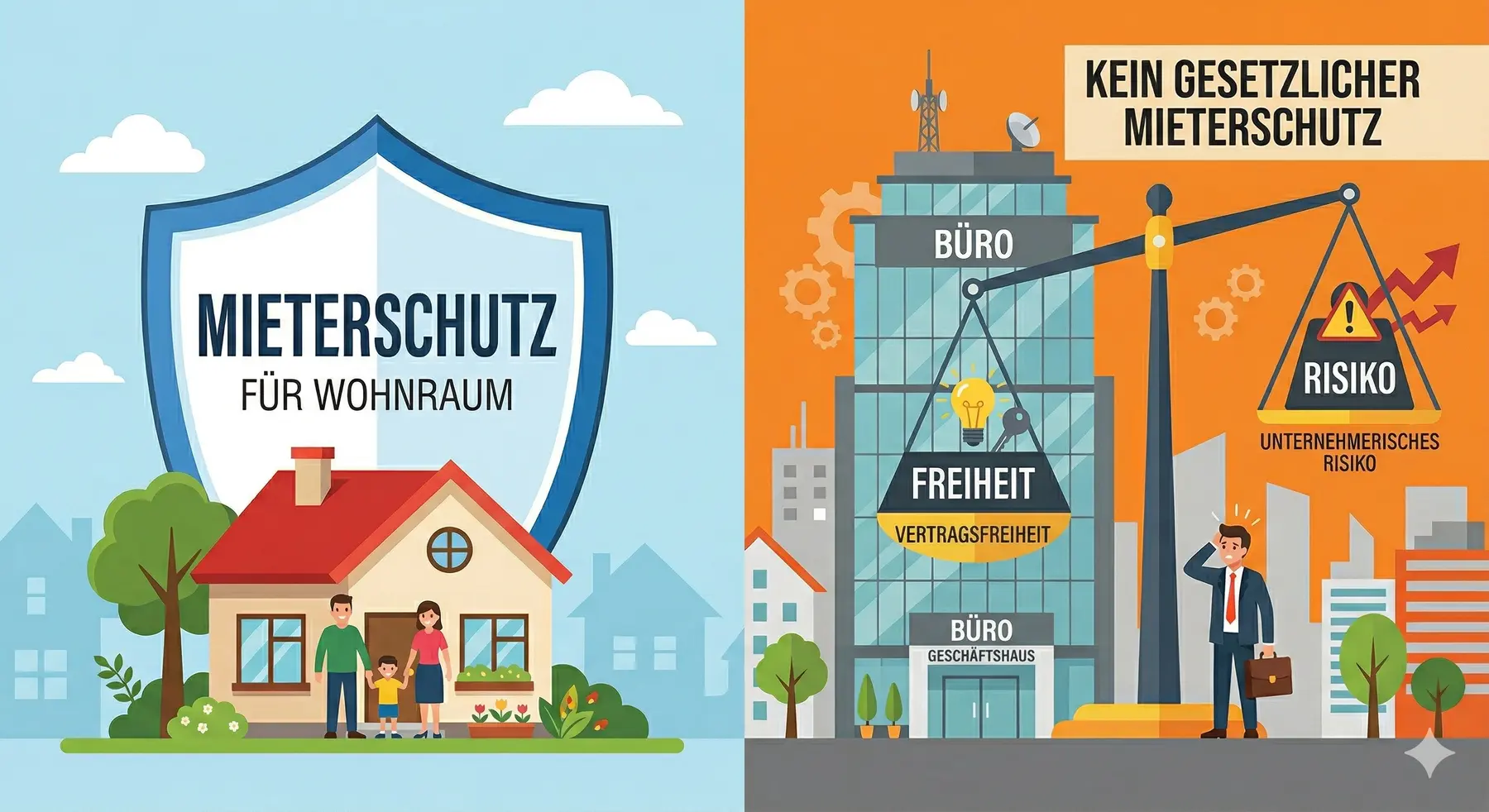 Infographic comparing tenant protection for residential property and commercial tenancy law: depiction of 'protection shield' vs. contractual freedom and entrepreneurial risk