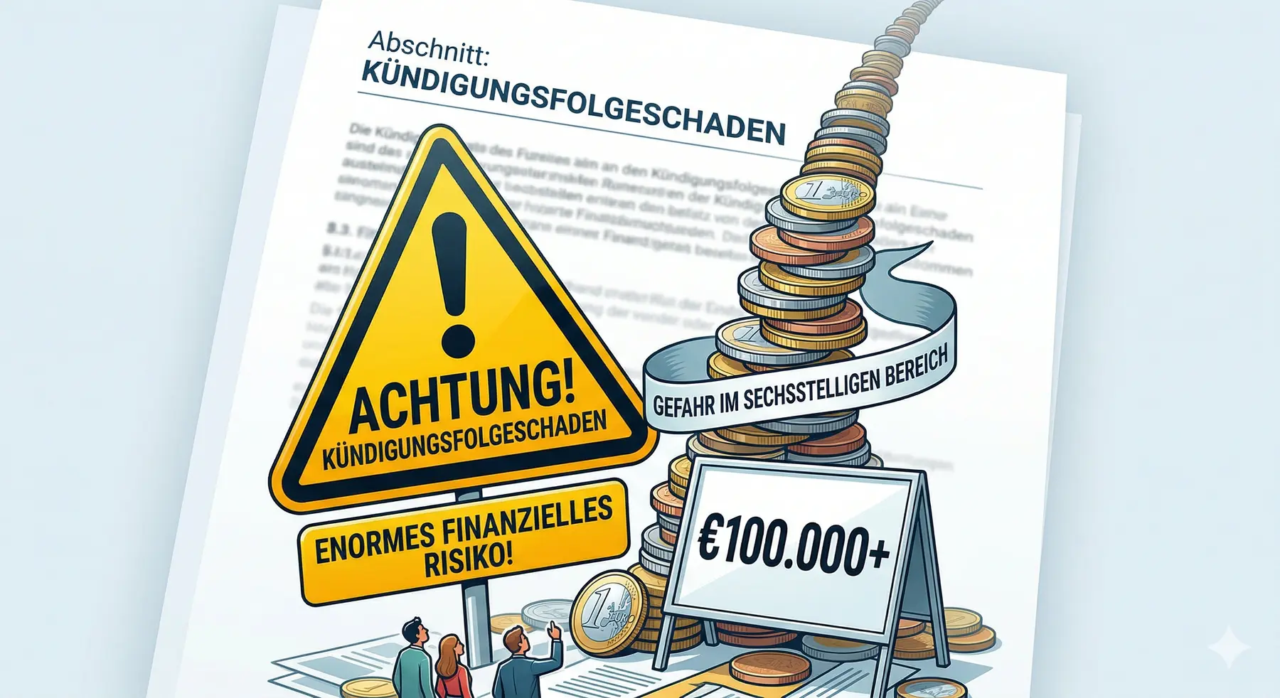 Warning sign: Consequences of termination in commercial rental law with a stack of coins over €100,000 – illustration of extreme financial risk in case of incorrect termination