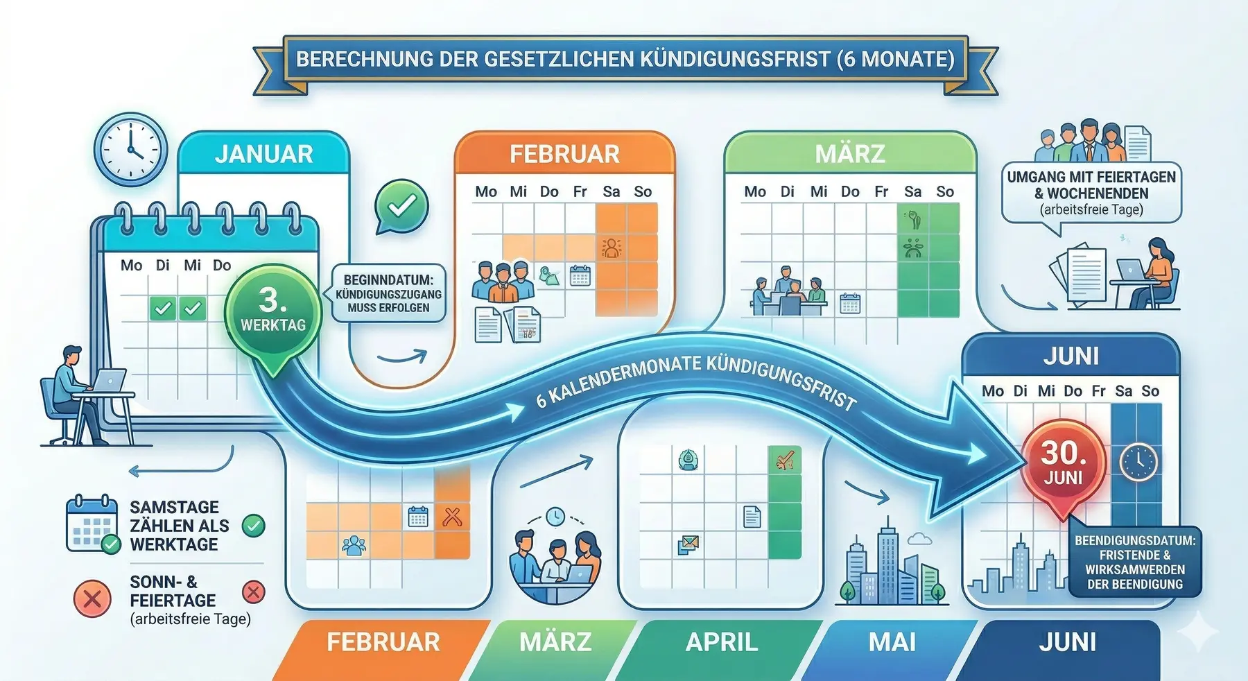 Visualisation of the statutory notice period in commercial tenancy law according to § 580a BGB – Timeline from the 3rd working day in January to the end of the 6-month notice period on 30th June