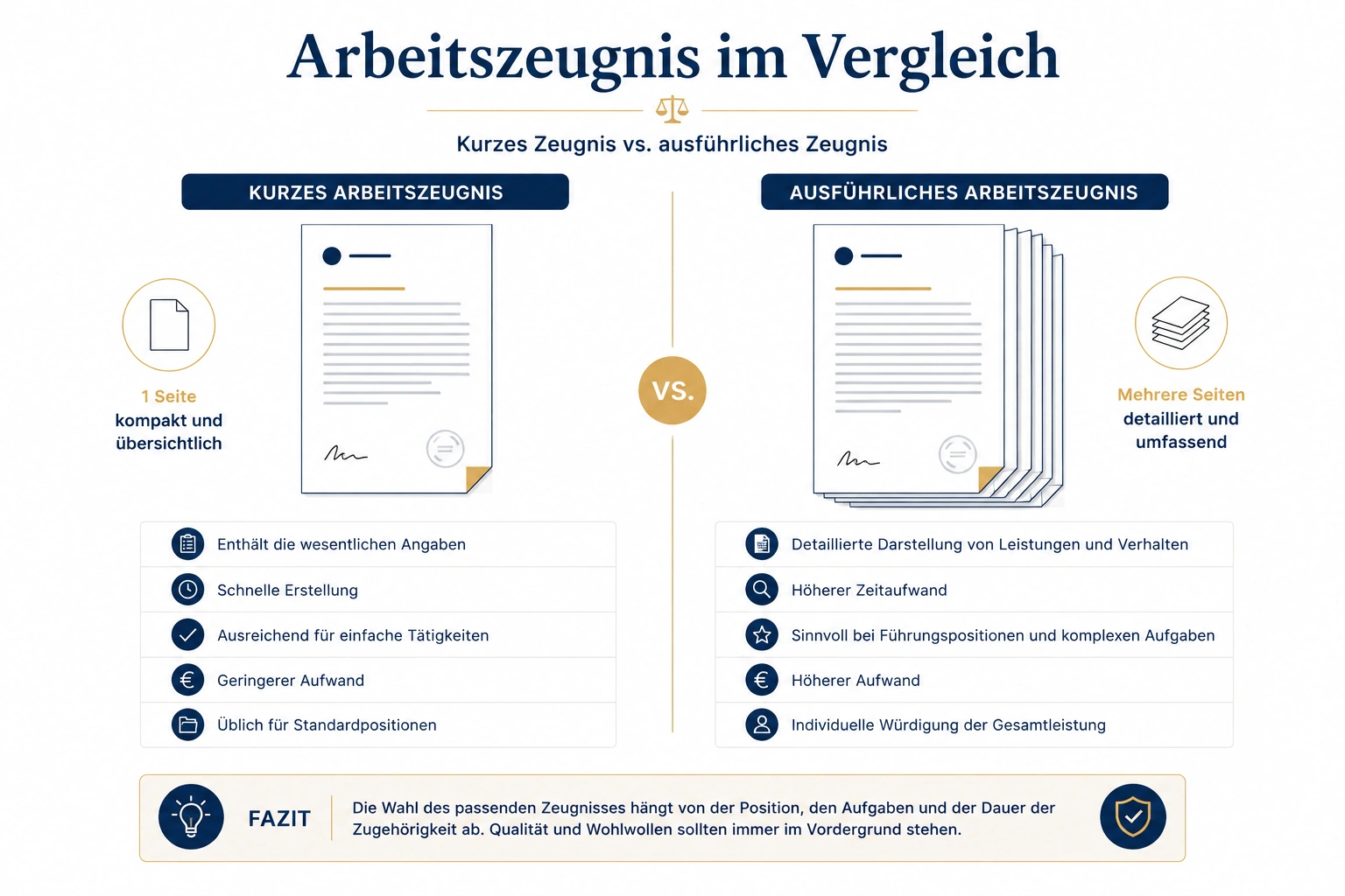 Infografik zum Vergleich eines kurzen einseitigen und eines ausführlichen mehrseitigen Arbeitszeugnisses mit Merkmalen, Einsatzbereichen und Aufwand