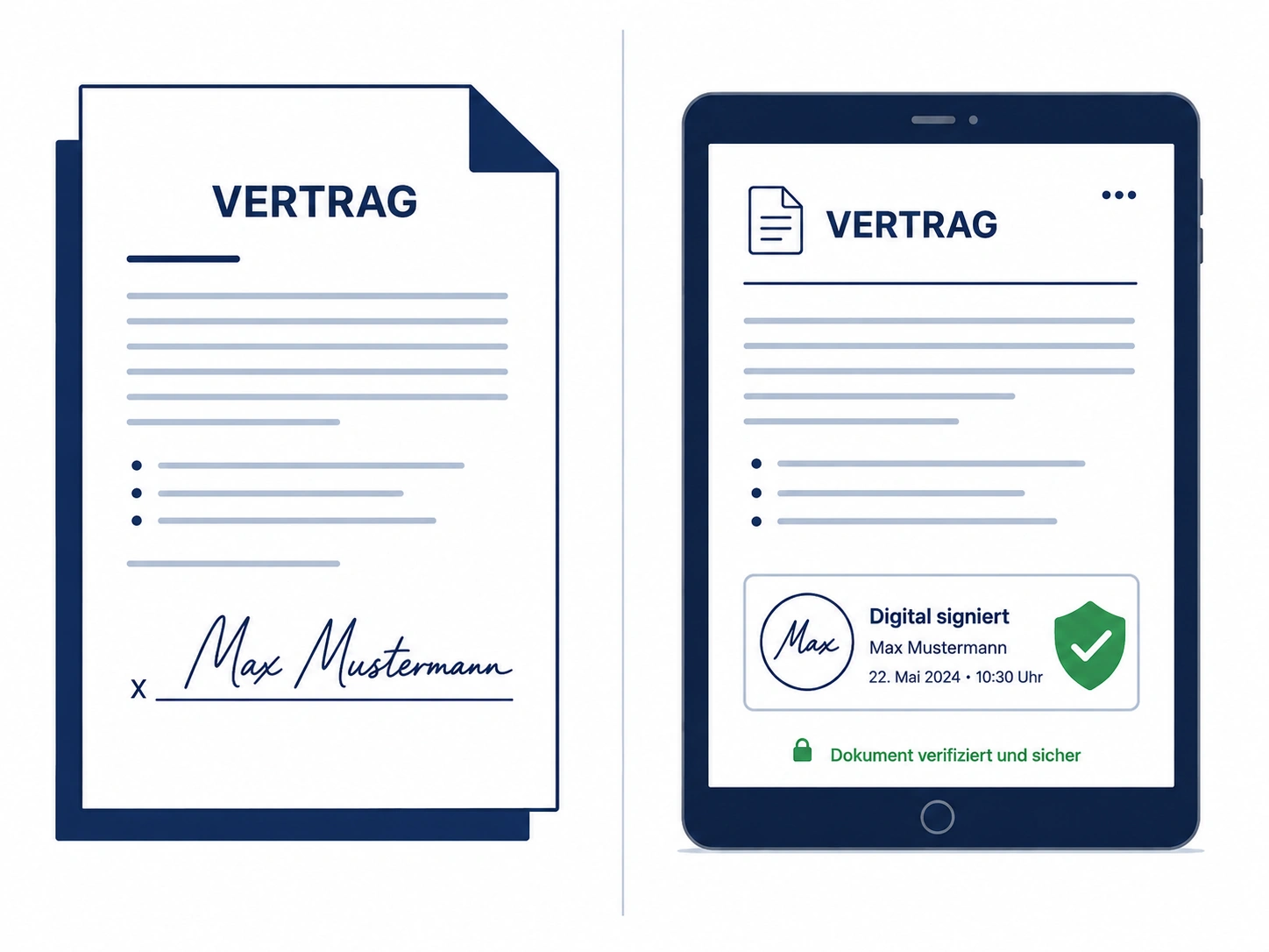 Geteilte Illustration eines klassischen Papiervertrags mit handschriftlicher Unterschrift und eines digital signierten Vertrags auf einem Tablet