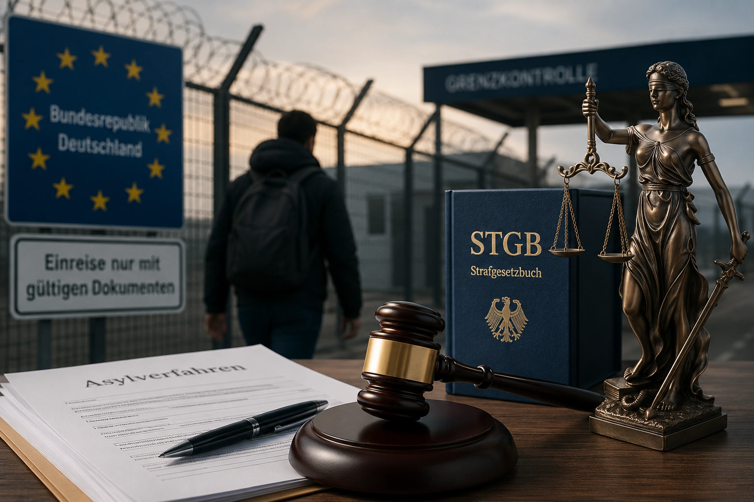 Symbolbild zum Asylrecht: Asylsuchender an einer deutschen Grenzkontrolle mit Richterhammer, Gesetzbuch und Justitia