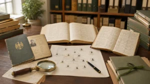 Archivdokumente, Kirchenbücher und Stammbaum auf einem Schreibtisch als Symbol für den Nachweis der deutschen Staatsangehörigkeit durch Abstammung
