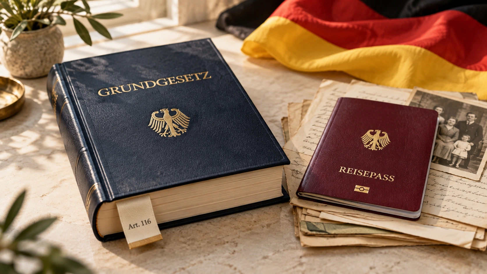 Grundgesetz mit Lesezeichen bei Art. 116 neben deutschem Reisepass, Familienunterlagen und deutscher Flagge.