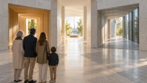 Multi-generational family in front of three paths as a symbol for the procedures for German citizenship by descent