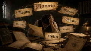 Verwirrter Genealogie-Forscher in einem dunklen Archiv, umgeben von alten Kirchenbüchern, historischen Dokumenten und schwebenden Namensvarianten des Familiennamens Müller.