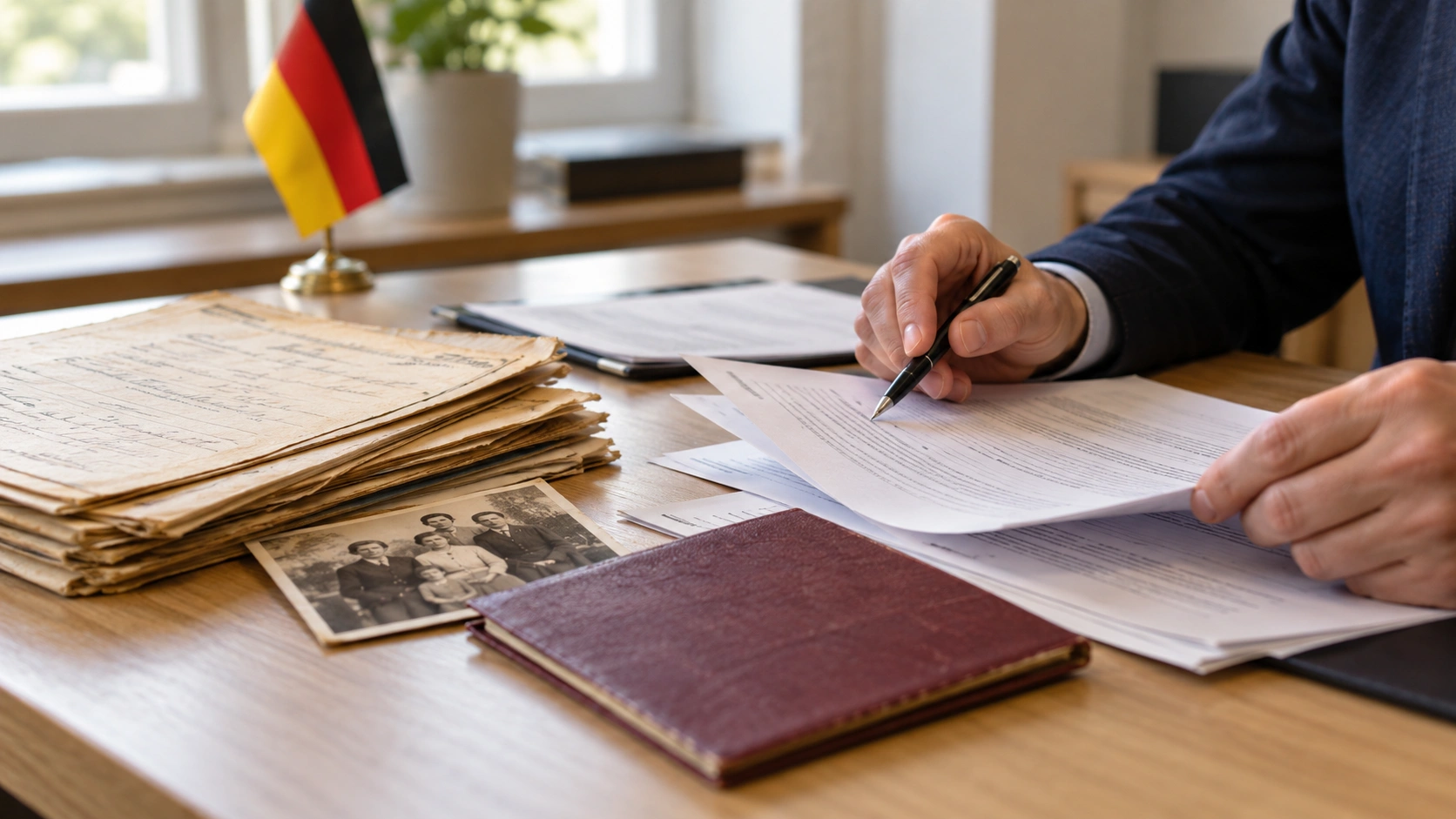 Prüfung historischer Familienunterlagen und Antragsdokumente zum Spätaussiedlerverfahren.