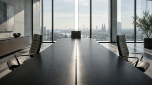 Empty conference room in Cologne with opposing chairs as a symbol of a shareholder dispute in a limited company