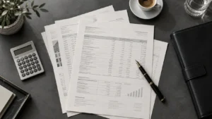 Abrechnungsunterlagen mit Taschenrechner, Füllfederhalter und schwarzer Dokumentenmappe auf einem grauen Tisch.