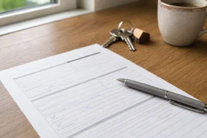 Teilweise ausgefüllter Selbstauskunftsbogen für eine Wohnungsbewerbung mit Kugelschreiber und Wohnungsschlüsseln auf einem Schreibtisch