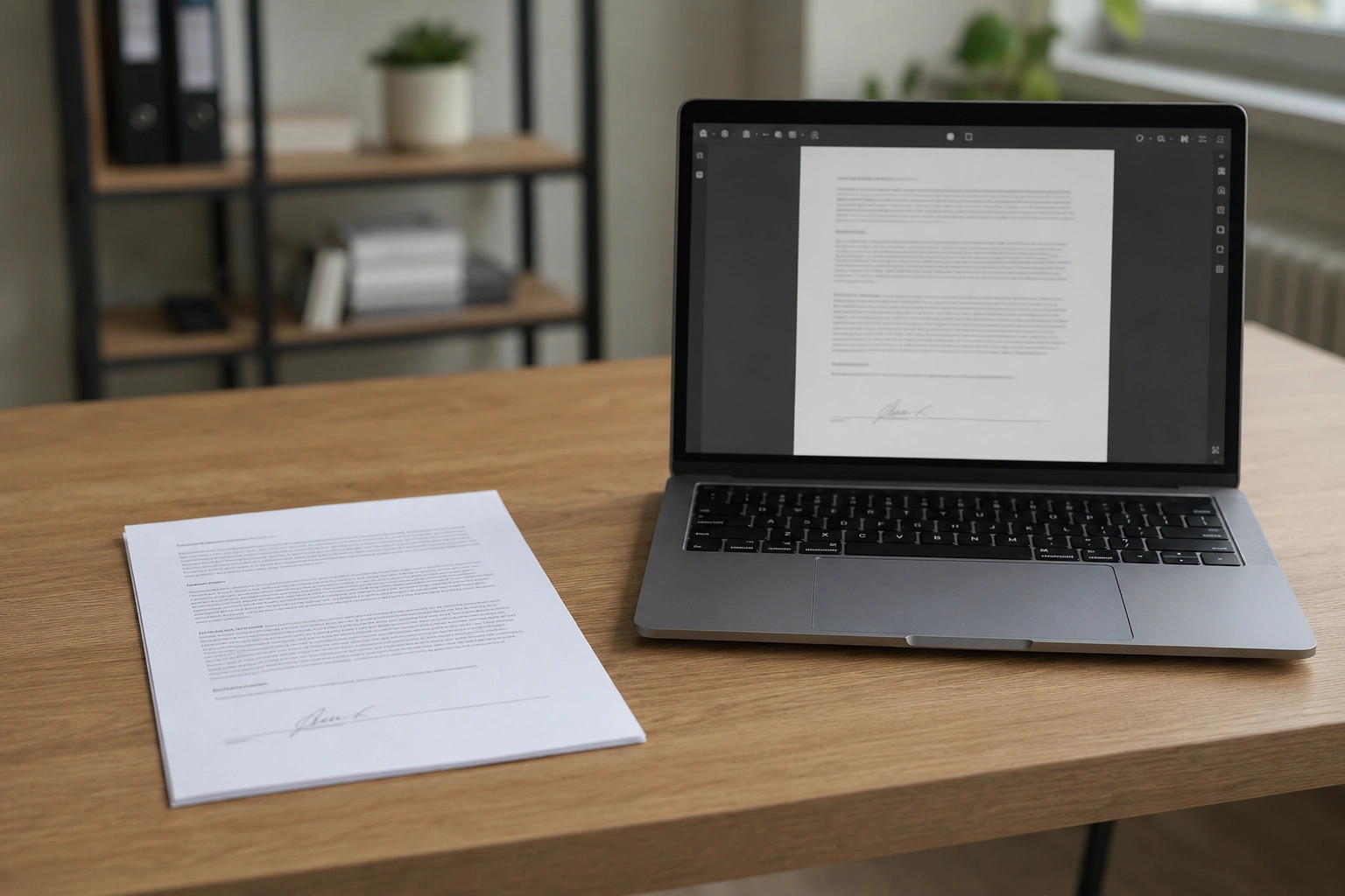 Comparison of written form and text form: signed paper contract next to a contract as a PDF on a laptop