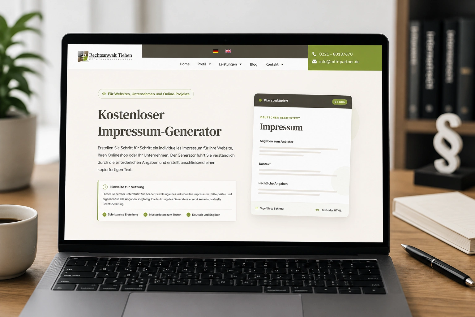 Laptop mit geöffnetem Impressum einer Website und Notizblock mit Checkliste zu den Pflichtangaben nach § 5 DDG