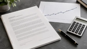 Commercial lease agreement with calculator and line chart on grey desk