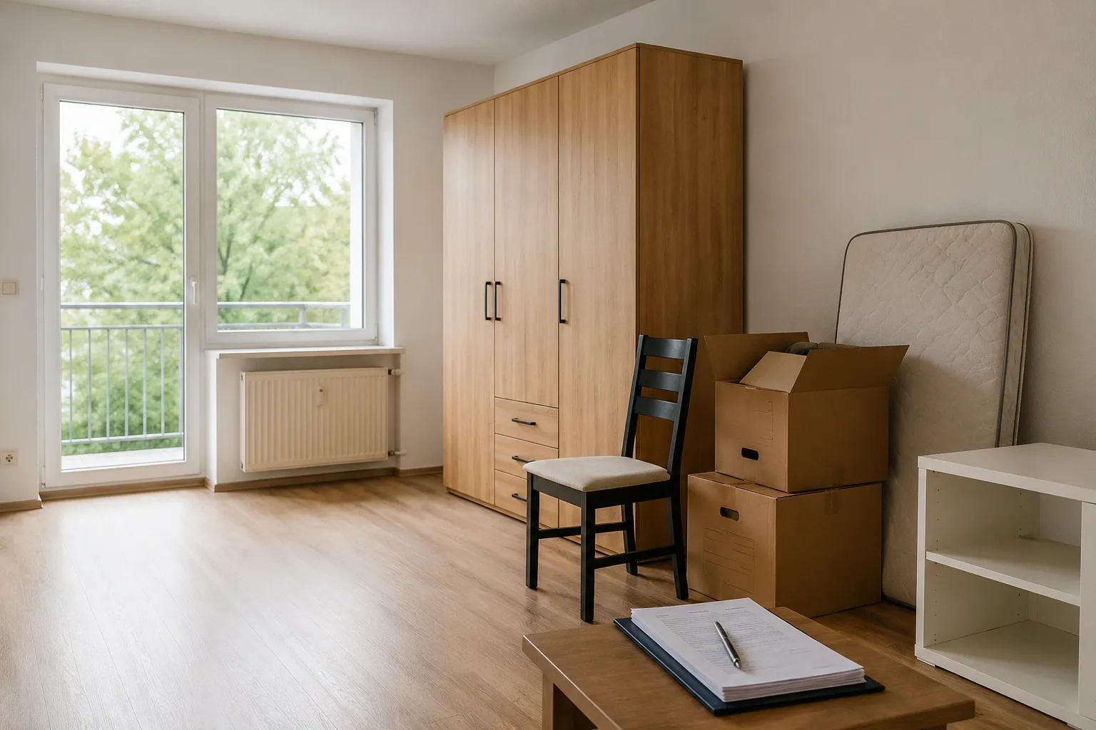 Practically empty rental flat with abandoned furniture, moving boxes and a mattress – symbolic image of an unlawful partial eviction after the tenant moved out.