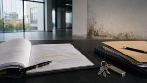 Gewerbemietvertrag und mangelhafte Gewerberäume als Symbol für die Risiken einer Mietminderung