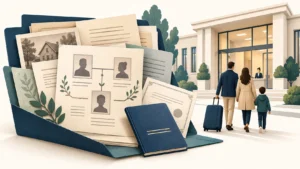 Illustration von Familienunterlagen, einem Stammbaum und einer Familie bei der Ankunft in Deutschland