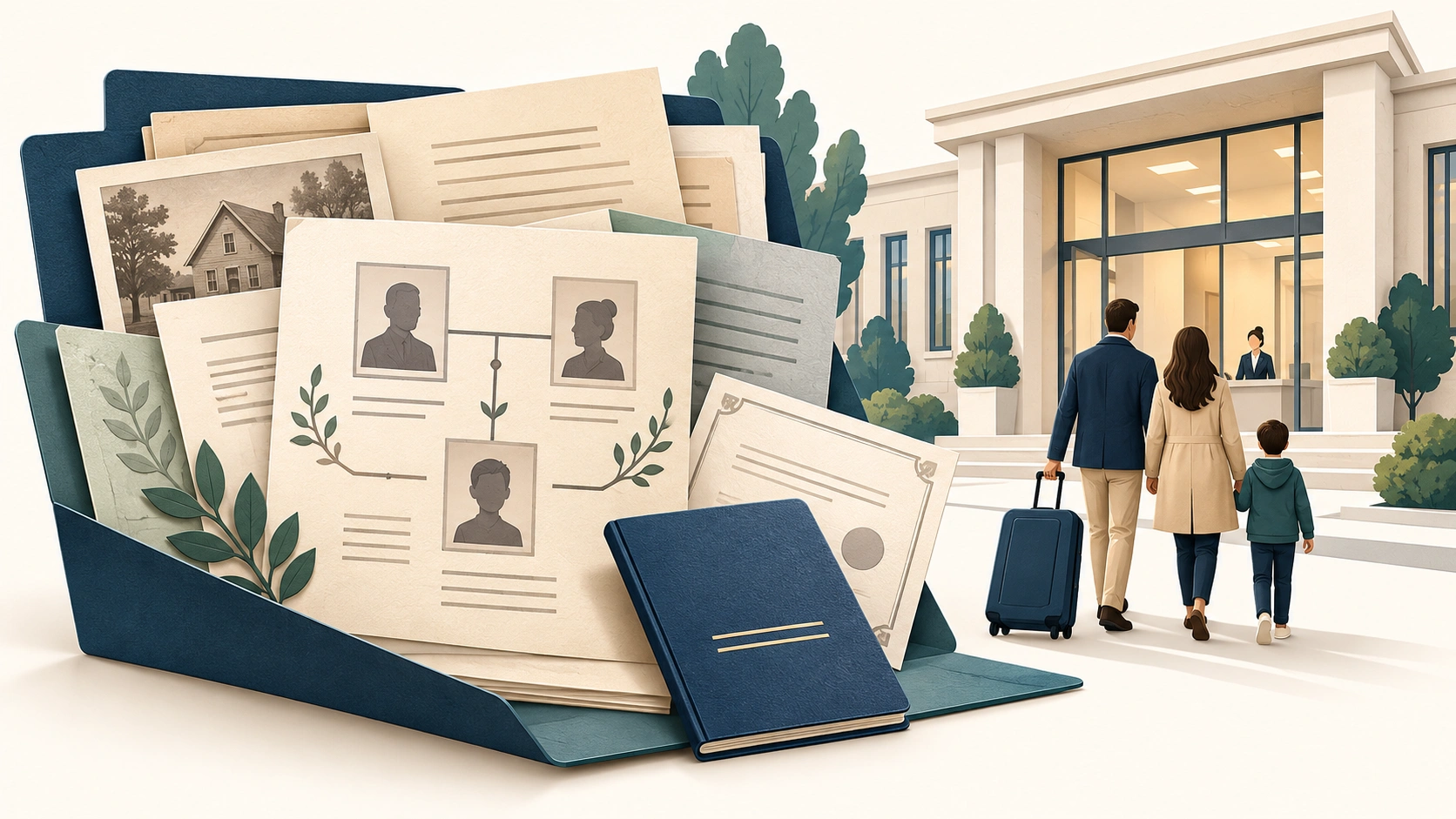Illustration von Familienunterlagen, einem Stammbaum und einer Familie bei der Ankunft in Deutschland