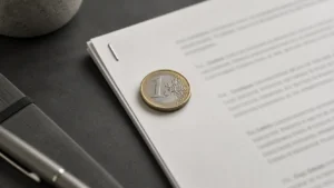 Eine Ein-Euro-Münze auf einem Gründungsdokument auf dunkelgrauem Schreibtisch