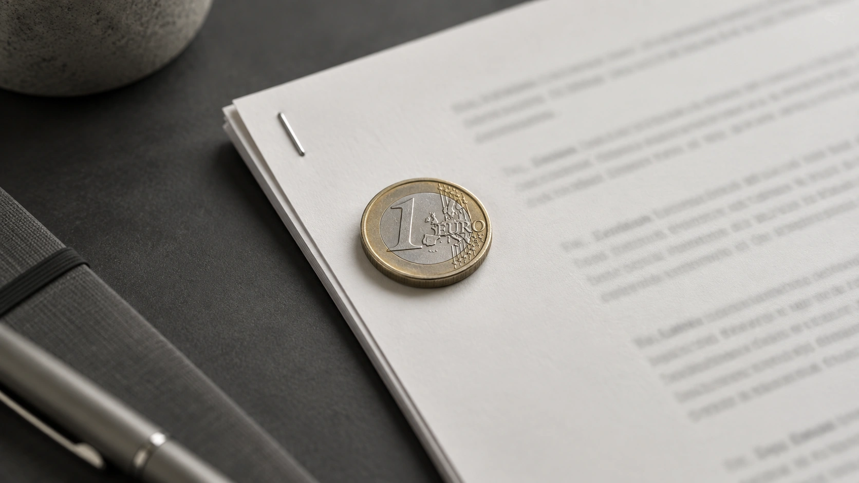 Eine Ein-Euro-Münze auf einem Gründungsdokument auf dunkelgrauem Schreibtisch