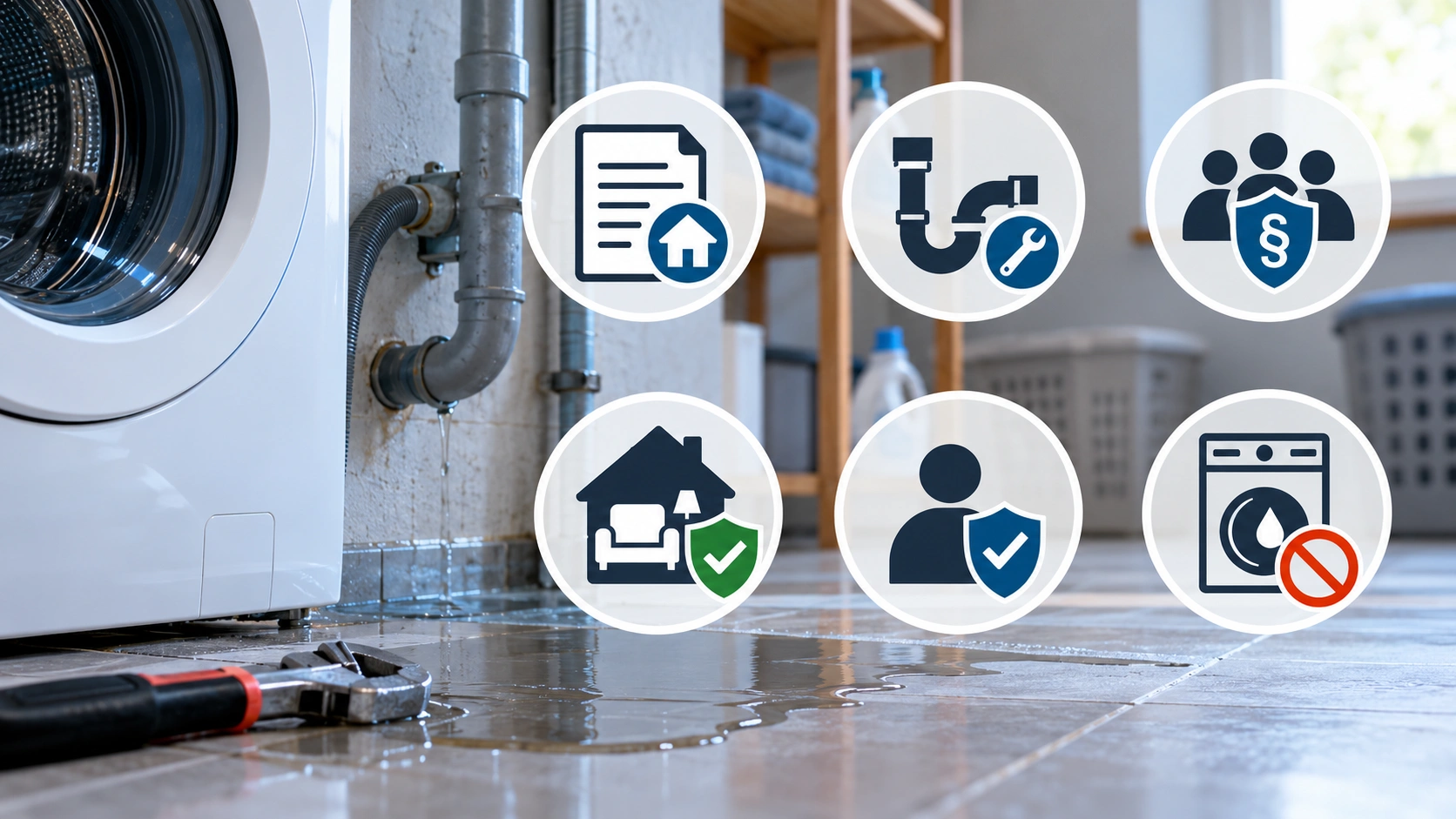 Washing machine in a rental apartment with water connection and symbols regarding rental rights, liability and insurance