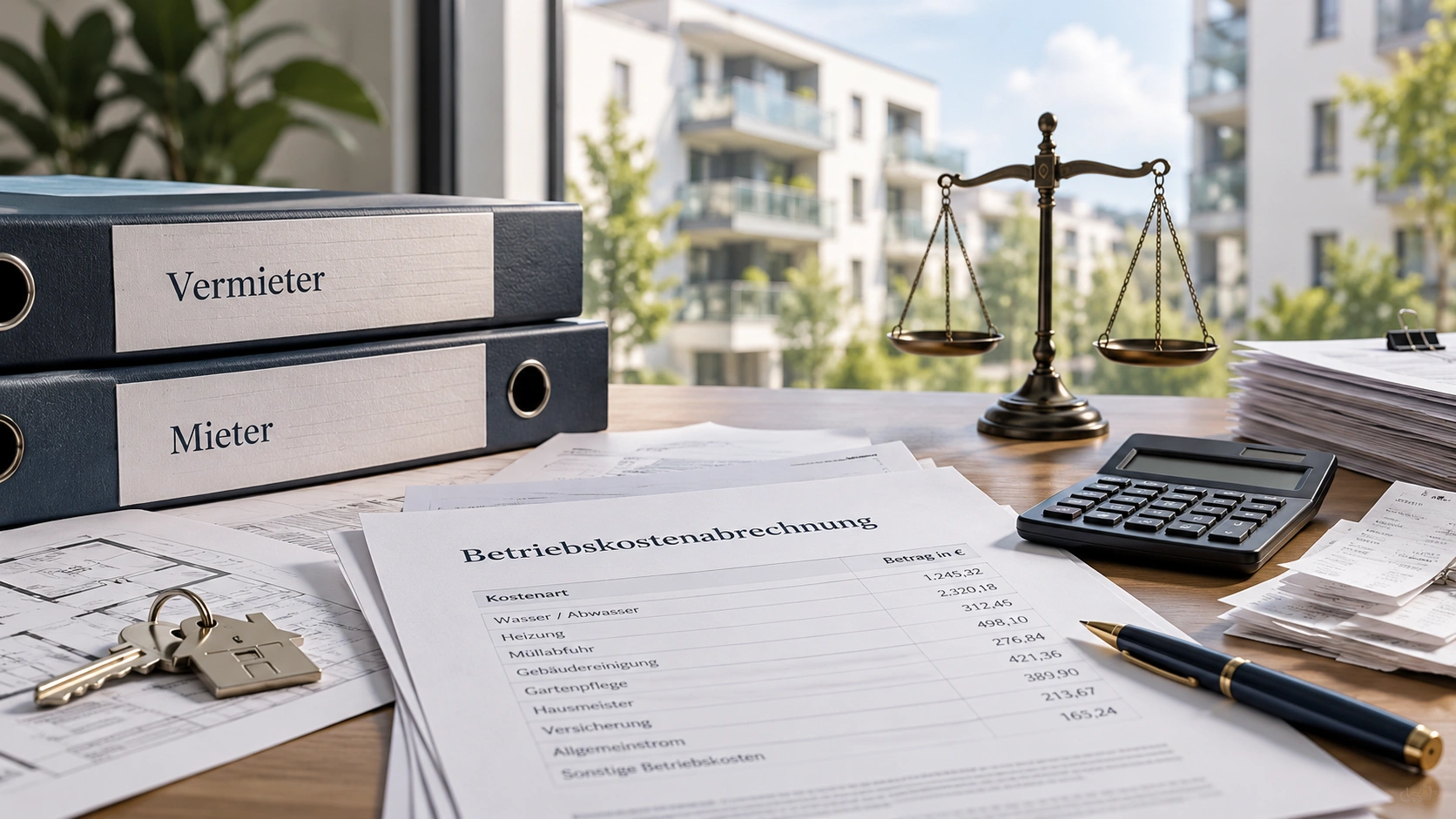 Betriebskostenabrechnung mit Taschenrechner, Mieter- und Vermieterakten sowie Waage