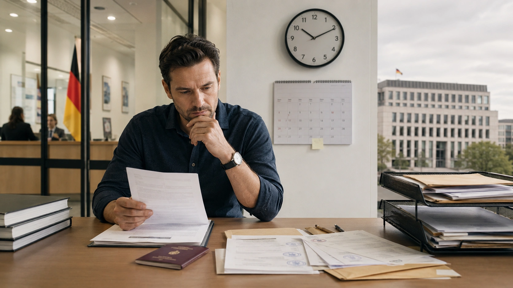 Applicant checks documents for naturalisation from abroad in front of files, a calendar and a clock in a German authority setting.