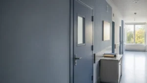 A closed ward door in a psychiatric hospital as a symbol of involuntary commitment and court-ordered confinement